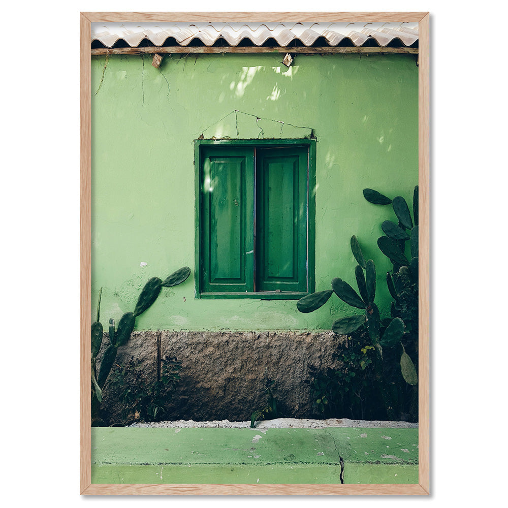Green Villa Shutters - Art Print, Poster, Stretched Canvas, or Framed Wall Art Print, shown in a natural timber frame