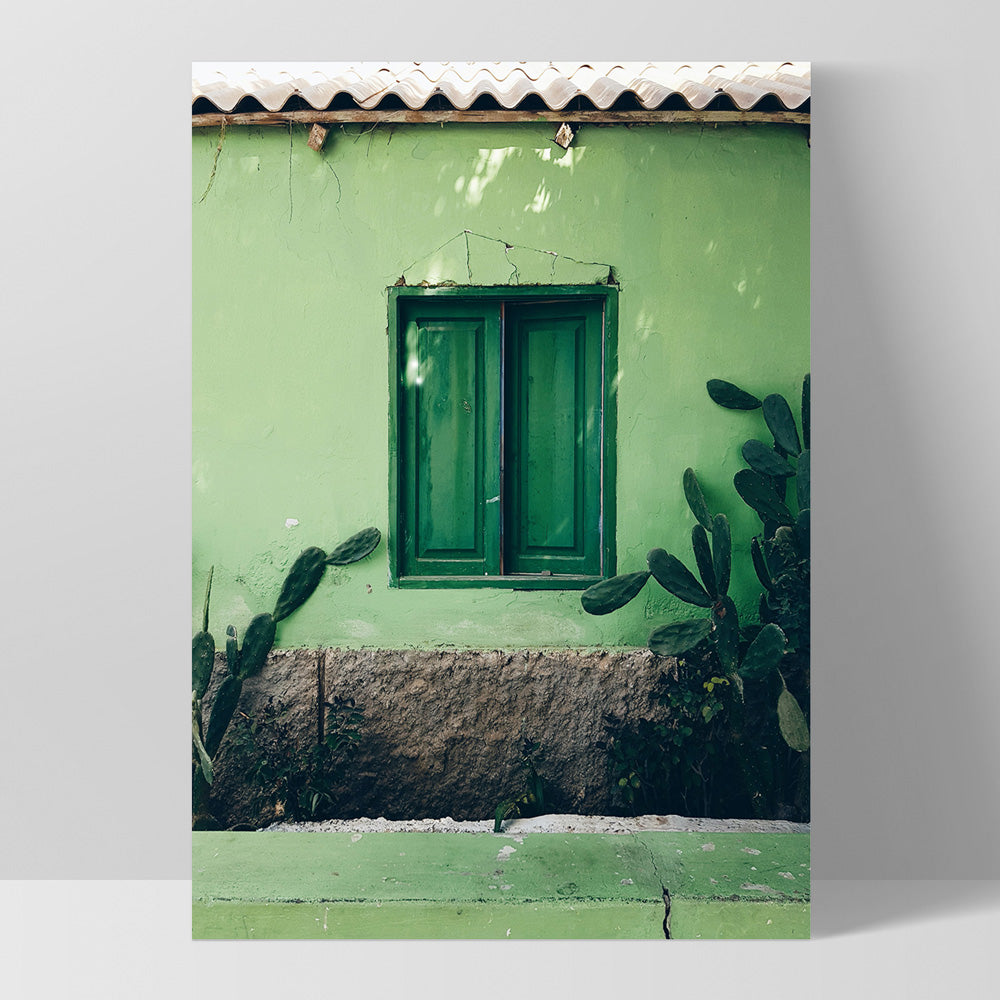 Green Villa Shutters - Art Print, Poster, Stretched Canvas, or Framed Wall Art Print, shown as a stretched canvas or poster without a frame