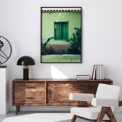 Green Villa Shutters - Art Print, Poster, Stretched Canvas or Framed Wall Art Prints, shown framed in a room