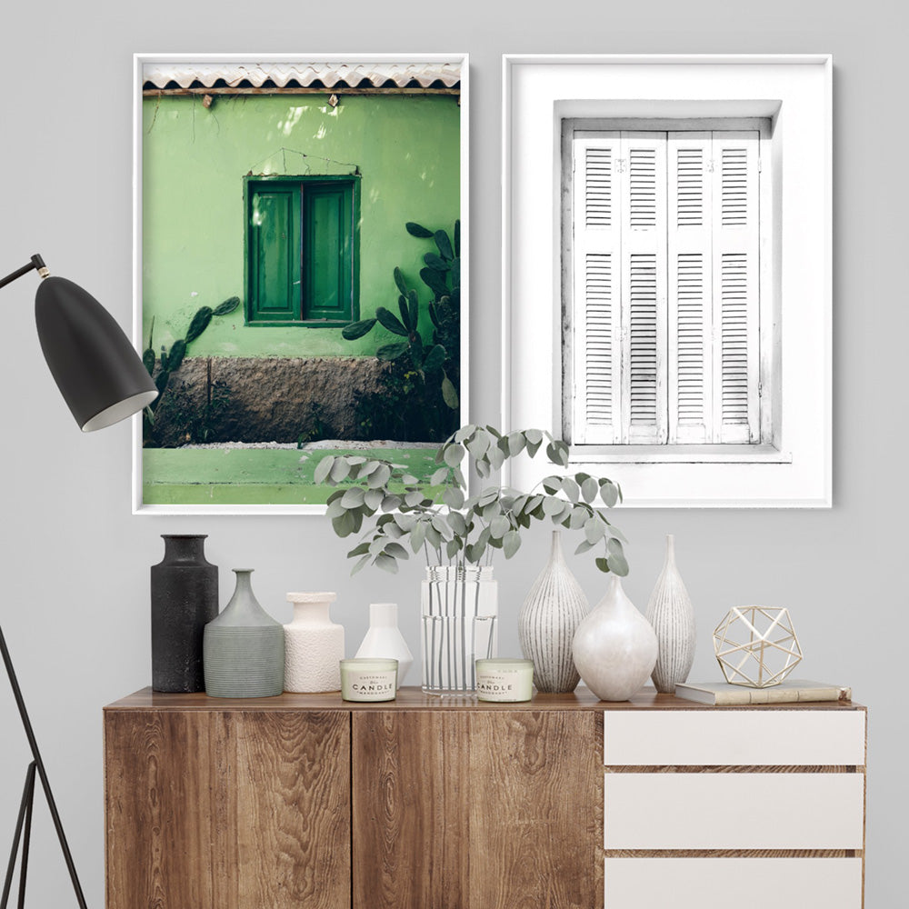 Green Villa Shutters - Art Print, Poster, Stretched Canvas or Framed Wall Art, shown framed in a home interior space