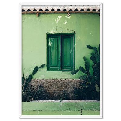 Green Villa Shutters - Art Print, Poster, Stretched Canvas, or Framed Wall Art Print, shown in a white frame