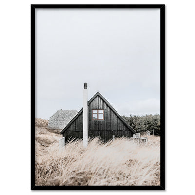 Nordic Lake Cabin III - Art Print, Poster, Stretched Canvas, or Framed Wall Art Print, shown in a black frame