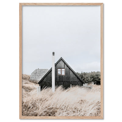 Nordic Lake Cabin III - Art Print, Poster, Stretched Canvas, or Framed Wall Art Print, shown in a natural timber frame