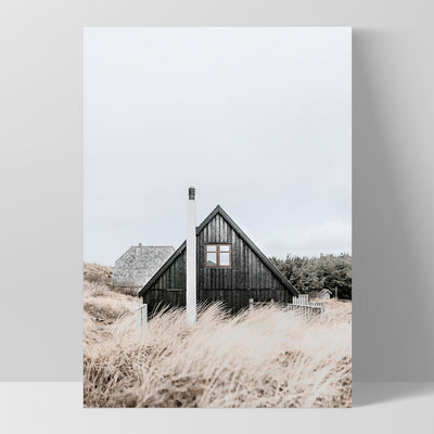 Nordic Lake Cabin III - Art Print, Poster, Stretched Canvas, or Framed Wall Art Print, shown as a stretched canvas or poster without a frame
