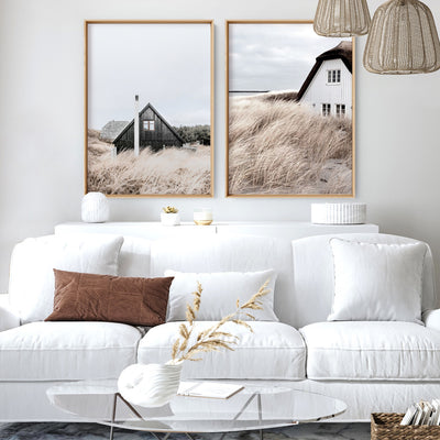 Nordic Lake Cabin III - Art Print, Poster, Stretched Canvas or Framed Wall Art, shown framed in a home interior space