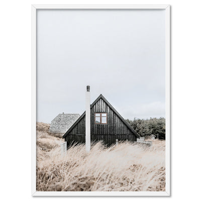 Nordic Lake Cabin III - Art Print, Poster, Stretched Canvas, or Framed Wall Art Print, shown in a white frame