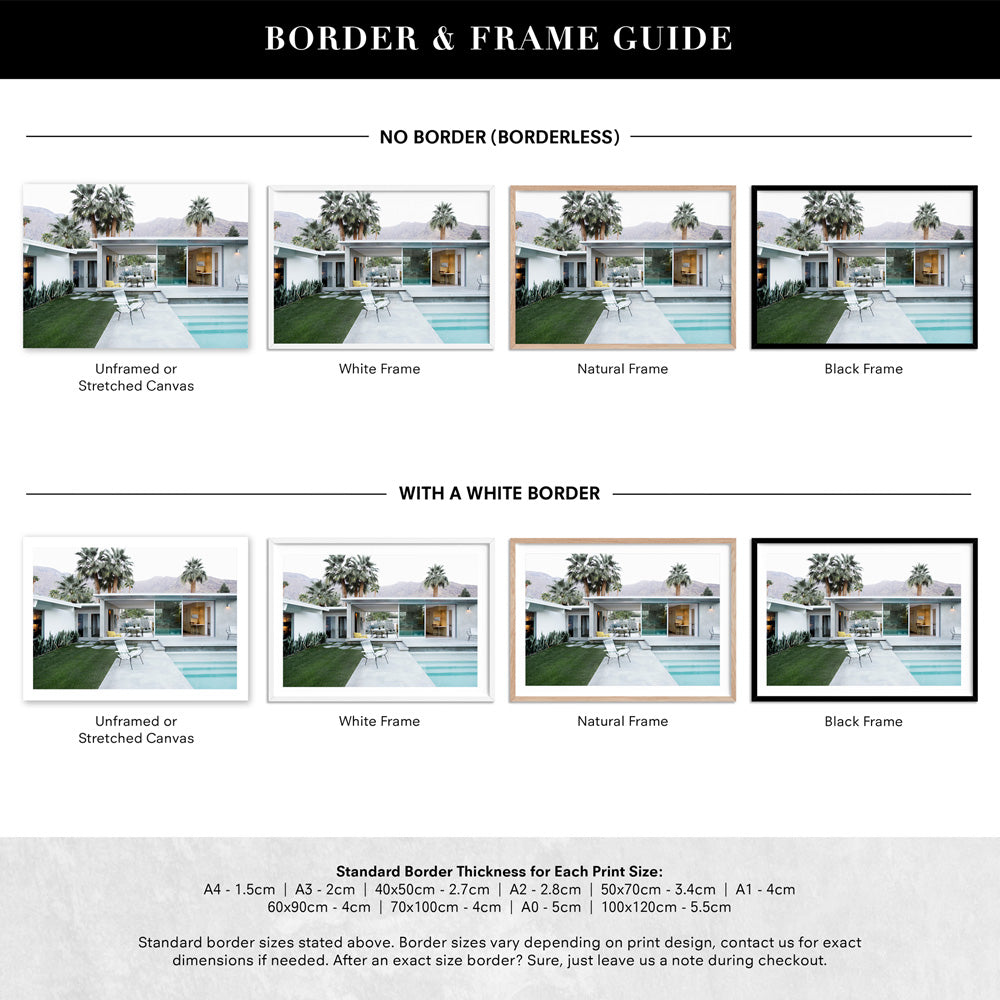 Palm Springs | Poolside Backyard View - Art Print, Poster, Stretched Canvas or Framed Wall Art, Showing White , Black, Natural Frame Colours, No Frame (Unframed) or Stretched Canvas, and With or Without White Borders