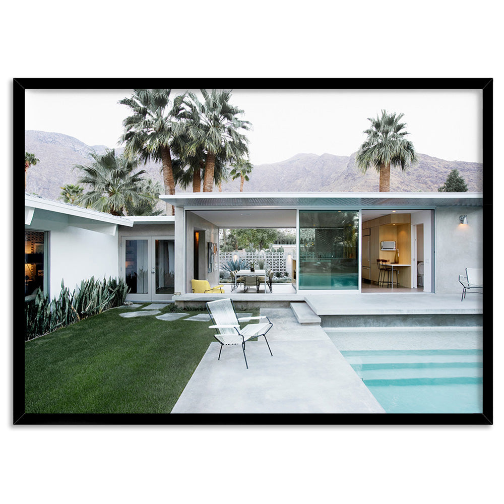 Palm Springs | Poolside Backyard View - Art Print, Poster, Stretched Canvas, or Framed Wall Art Print, shown in a black frame