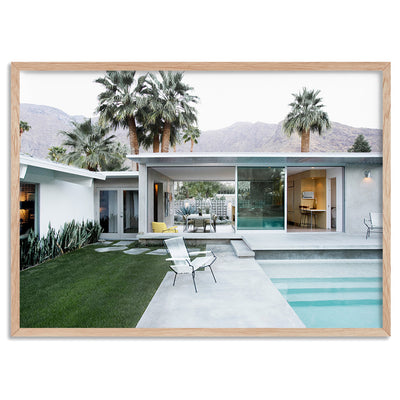 Palm Springs | Poolside Backyard View - Art Print, Poster, Stretched Canvas, or Framed Wall Art Print, shown in a natural timber frame