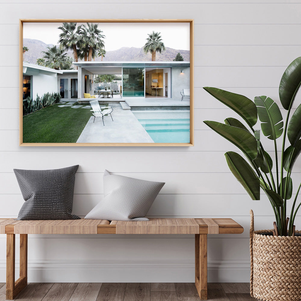 Palm Springs | Poolside Backyard View - Art Print, Poster, Stretched Canvas or Framed Wall Art Prints, shown framed in a room