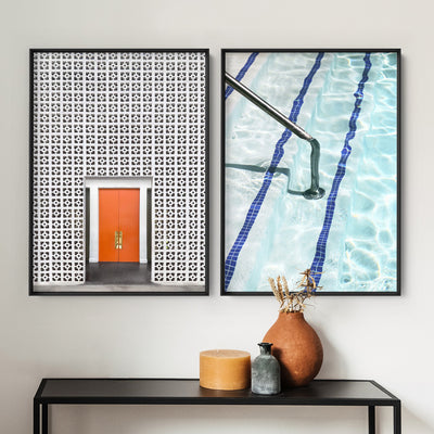 Palm Springs | Retro Poolside - Art Print, Poster, Stretched Canvas or Framed Wall Art, shown framed in a home interior space