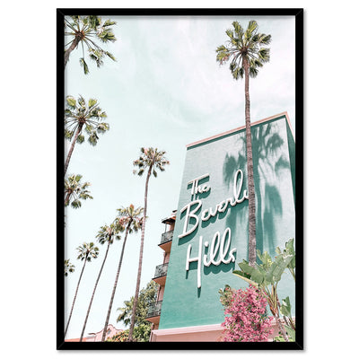 The Beverly Hills Hotel - Art Print, Poster, Stretched Canvas, or Framed Wall Art Print, shown in a black frame