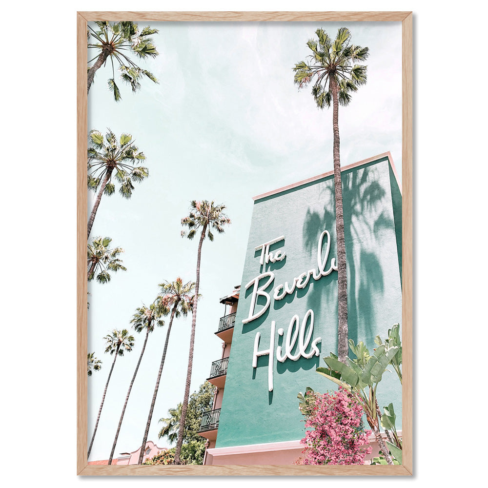 The Beverly Hills Hotel - Art Print, Poster, Stretched Canvas, or Framed Wall Art Print, shown in a natural timber frame