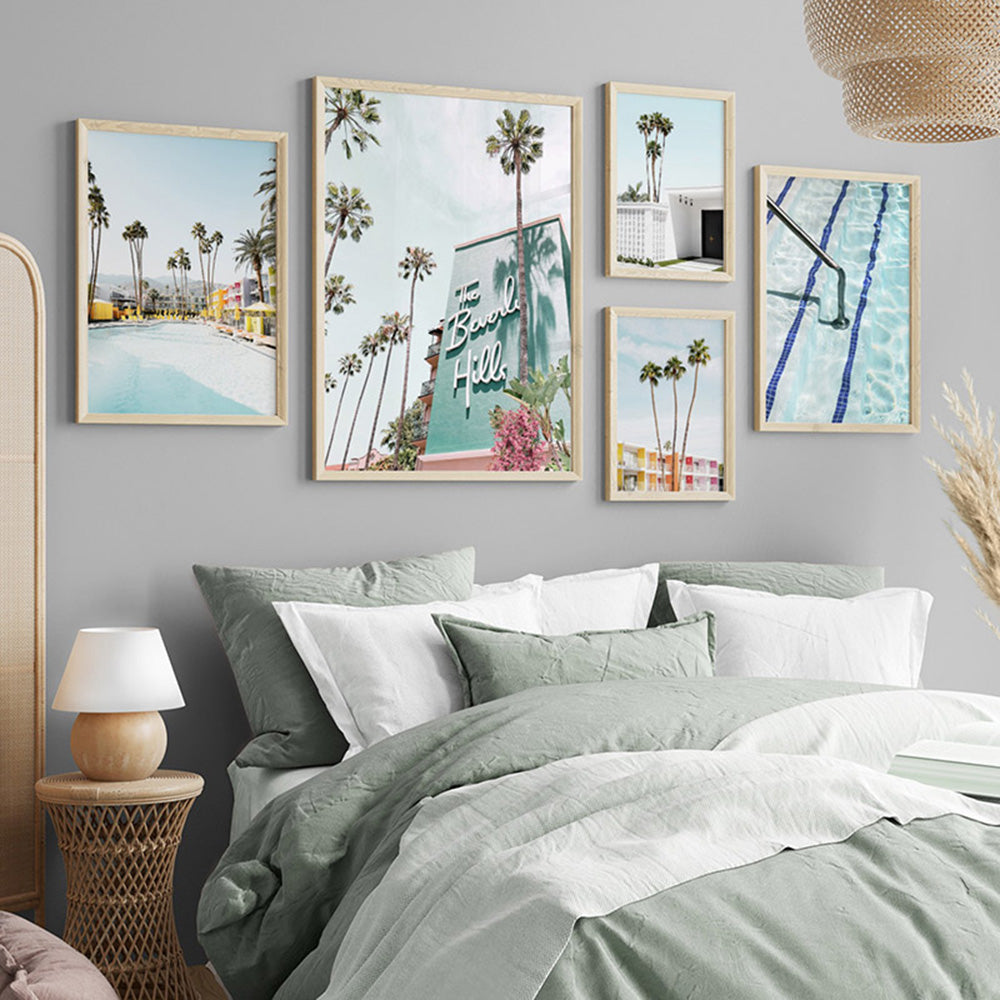 The Beverly Hills Hotel - Art Print, Poster, Stretched Canvas or Framed Wall Art, shown framed in a home interior space