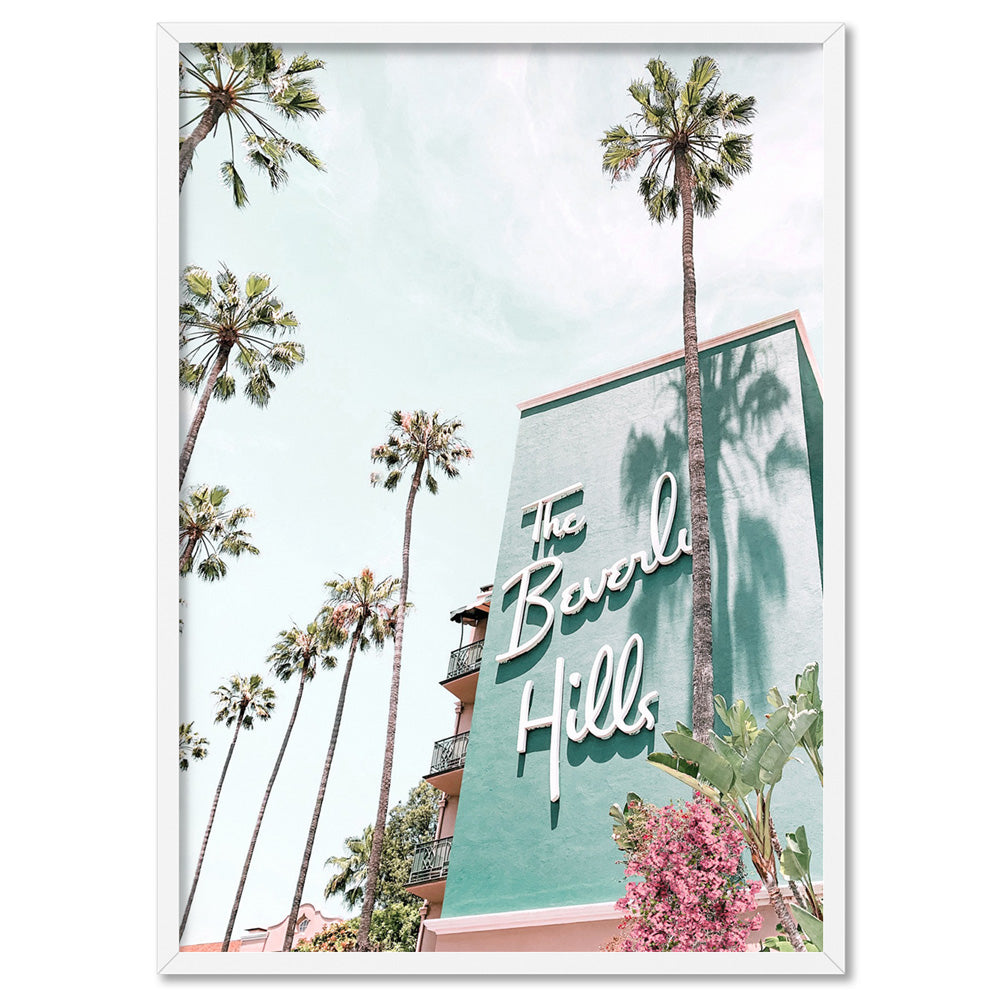 The Beverly Hills Hotel - Art Print, Poster, Stretched Canvas, or Framed Wall Art Print, shown in a white frame