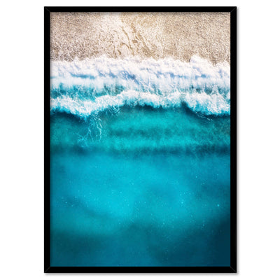 Aerial Ocean Blues & Soft Sand - Art Print, Poster, Stretched Canvas, or Framed Wall Art Print, shown in a black frame