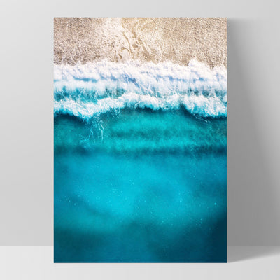 Aerial Ocean Blues & Soft Sand - Art Print, Poster, Stretched Canvas, or Framed Wall Art Print, shown as a stretched canvas or poster without a frame
