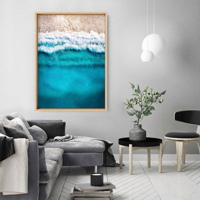 Aerial Ocean Blues & Soft Sand - Art Print, Poster, Stretched Canvas or Framed Wall Art, shown framed in a room