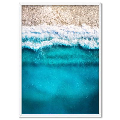 Aerial Ocean Blues & Soft Sand - Art Print, Poster, Stretched Canvas, or Framed Wall Art Print, shown in a white frame