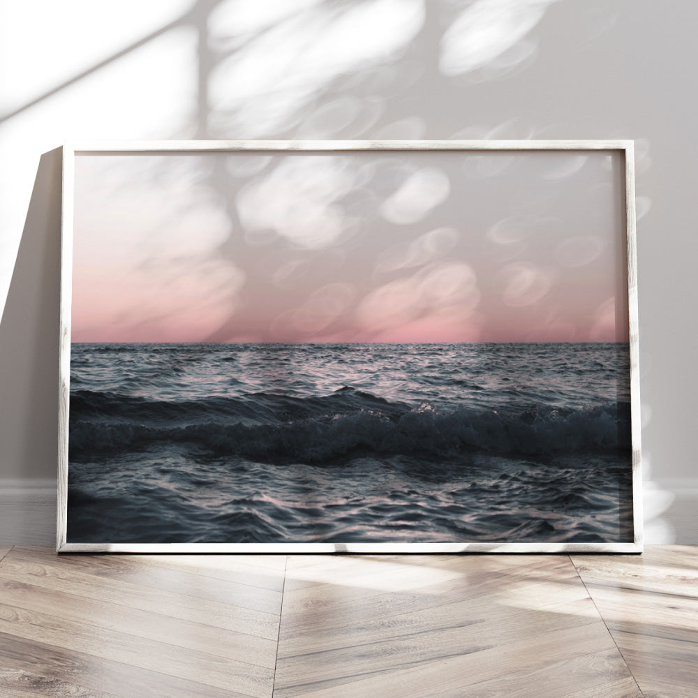 Sun & Sea at Dusk - Art Print, Poster, Stretched Canvas or Framed Wall Art, shown framed in a home interior space