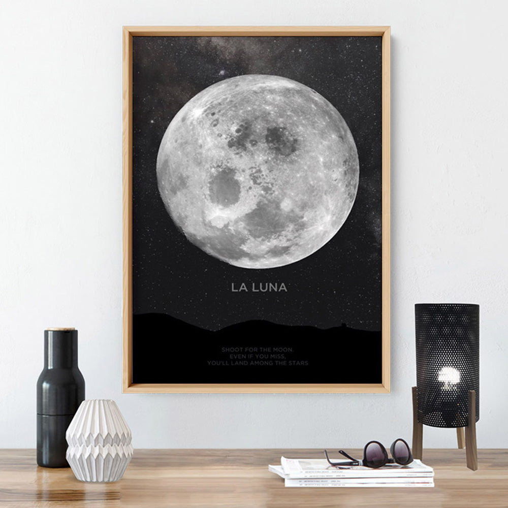 La Luna Moon - Art Print, Poster, Stretched Canvas or Framed Wall Art, shown framed in a room