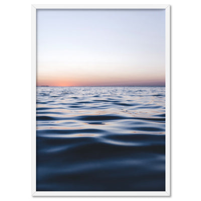 Calm Ocean Horizon at Dusk - Art Print, Poster, Stretched Canvas, or Framed Wall Art Print, shown in a white frame