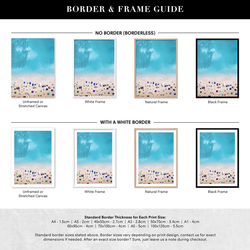 Aerial Beach Summer Day Out - Art Print, Poster, Stretched Canvas or Framed Wall Art, Showing White , Black, Natural Frame Colours, No Frame (Unframed) or Stretched Canvas, and With or Without White Borders