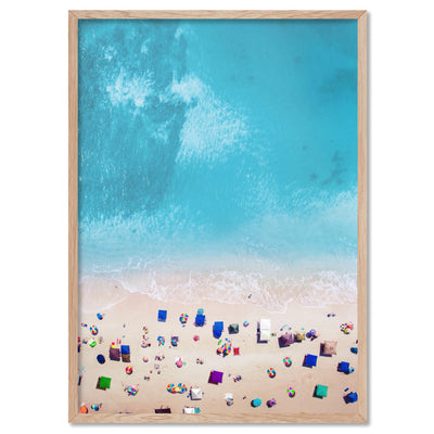Aerial Beach Summer Day Out - Art Print, Poster, Stretched Canvas, or Framed Wall Art Print, shown in a natural timber frame