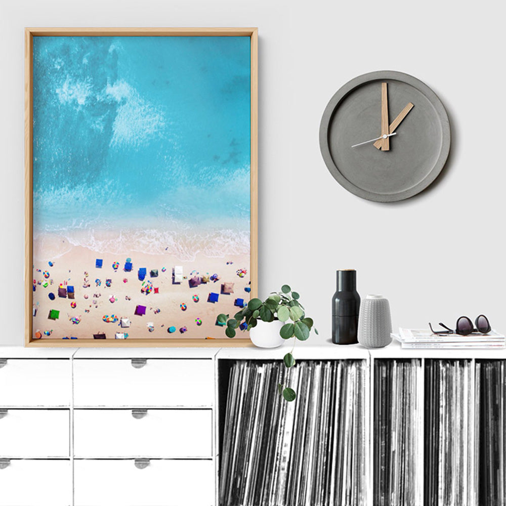 Aerial Beach Summer Day Out - Art Print, Poster, Stretched Canvas or Framed Wall Art Prints, shown framed in a room