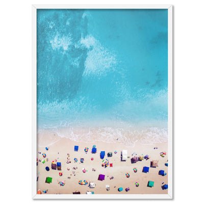 Aerial Beach Summer Day Out - Art Print, Poster, Stretched Canvas, or Framed Wall Art Print, shown in a white frame