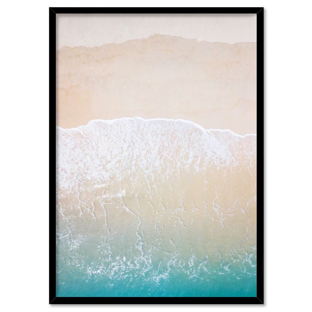 Aerial Coastal Sandy Beach - Art Print, Poster, Stretched Canvas, or Framed Wall Art Print, shown in a black frame