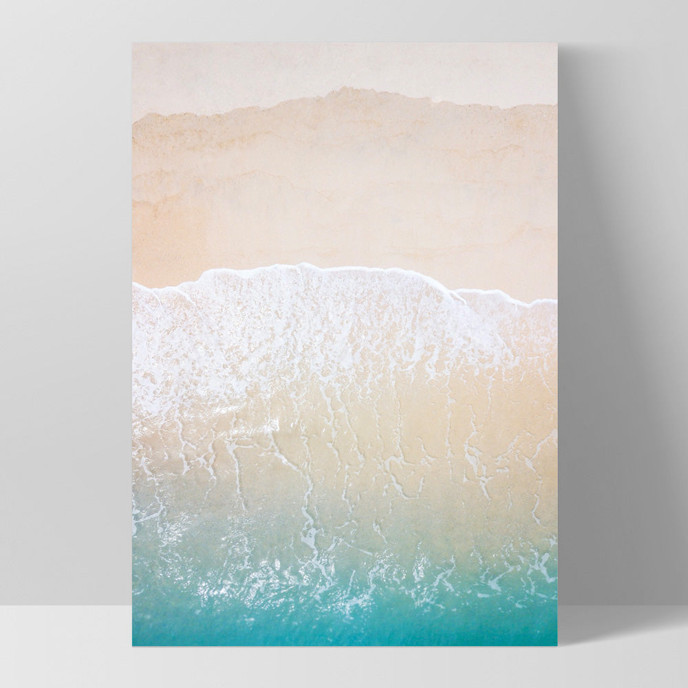 Aerial Coastal Sandy Beach - Art Print, Poster, Stretched Canvas, or Framed Wall Art Print, shown as a stretched canvas or poster without a frame