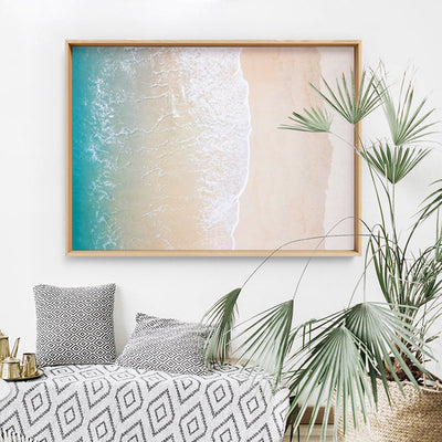 Aerial Coastal Sandy Beach - Art Print, Poster, Stretched Canvas or Framed Wall Art, shown framed in a room