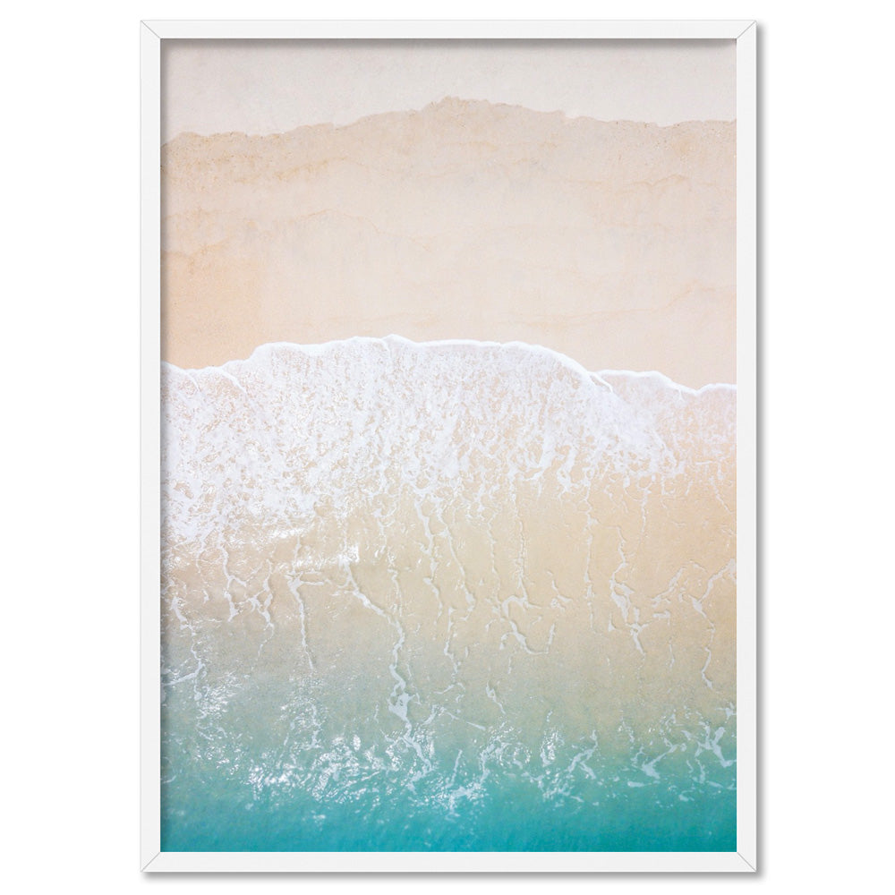 Aerial Coastal Sandy Beach - Art Print, Poster, Stretched Canvas, or Framed Wall Art Print, shown in a white frame