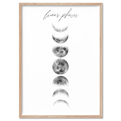 Lunar Moon Phases - Art Print, Poster, Stretched Canvas, or Framed Wall Art Print, shown in a natural timber frame