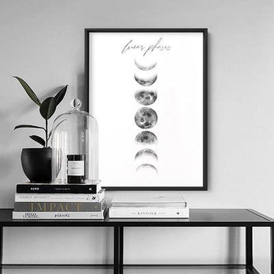 Lunar Moon Phases - Art Print, Poster, Stretched Canvas or Framed Wall Art, shown framed in a room