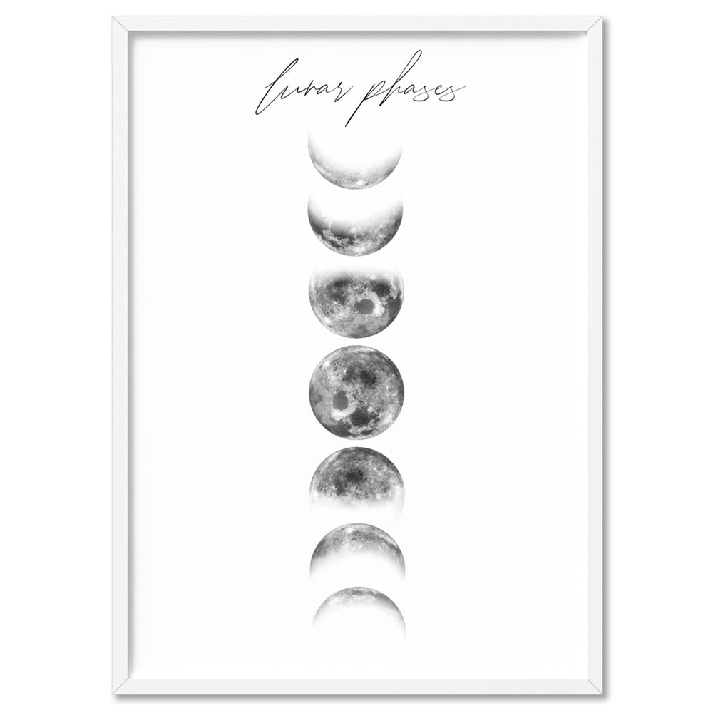 Lunar Moon Phases - Art Print, Poster, Stretched Canvas, or Framed Wall Art Print, shown in a white frame