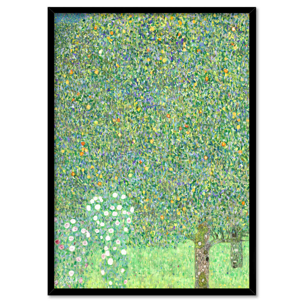 GUSTAV KLIMT | Rosebushes under the Trees - Art Print, Poster, Stretched Canvas, or Framed Wall Art Print, shown in a black frame