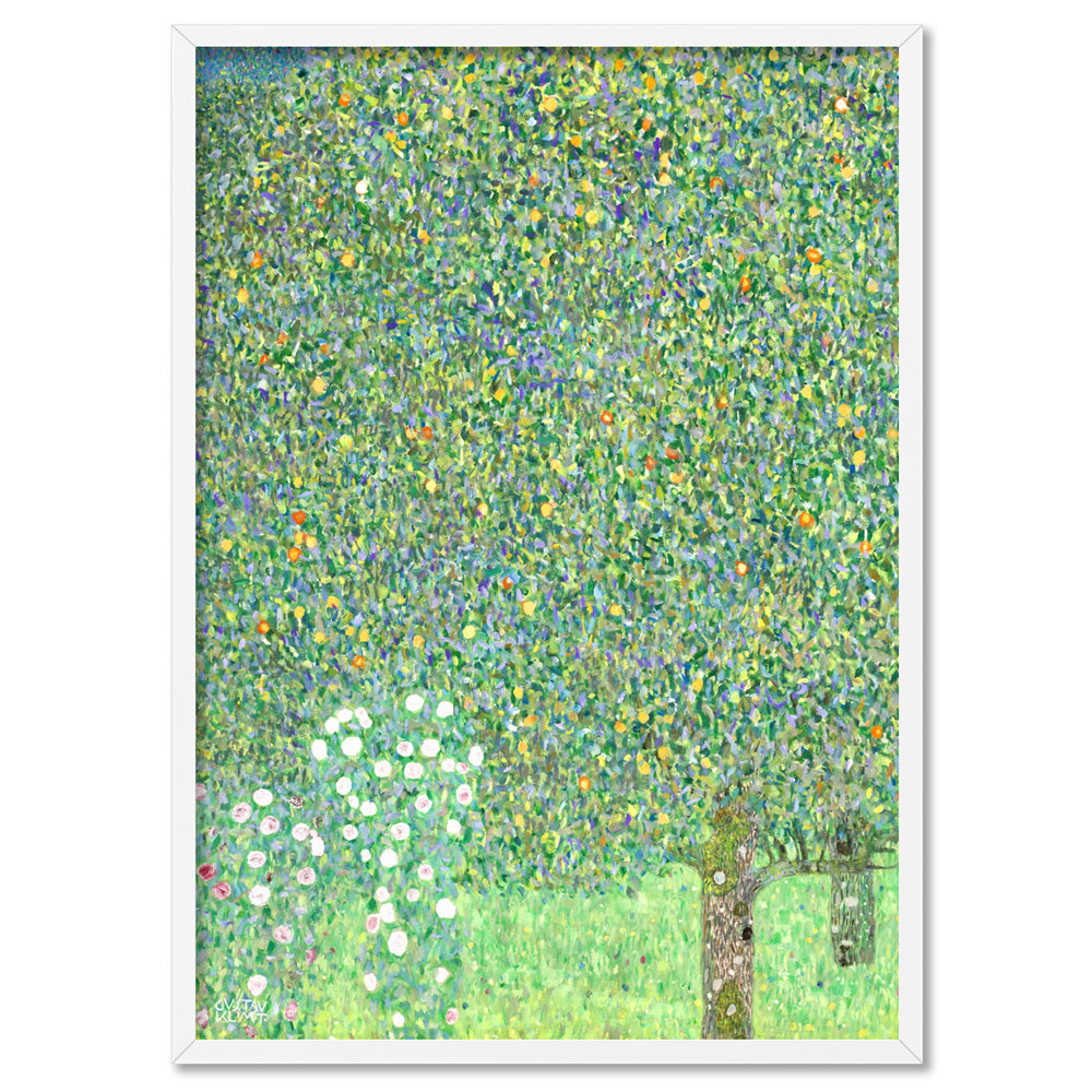GUSTAV KLIMT | Rosebushes under the Trees - Art Print, Poster, Stretched Canvas, or Framed Wall Art Print, shown in a white frame