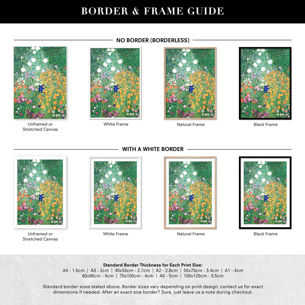 GUSTAV KLIMT | Flower Garden - Art Print, Poster, Stretched Canvas or Framed Wall Art, Showing White , Black, Natural Frame Colours, No Frame (Unframed) or Stretched Canvas, and With or Without White Borders