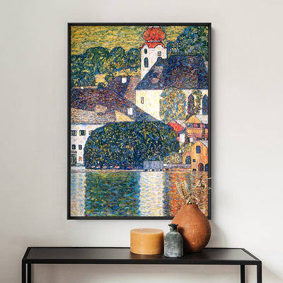 GUSTAV KLIMT | Church in Unterach on Attersee - Art Print, Poster, Stretched Canvas or Framed Wall Art, shown framed in a room
