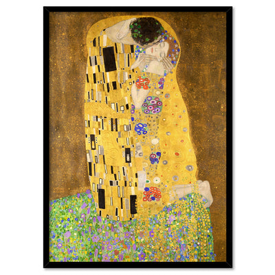 GUSTAV KLIMT | The Kiss - Art Print, Poster, Stretched Canvas, or Framed Wall Art Print, shown in a black frame