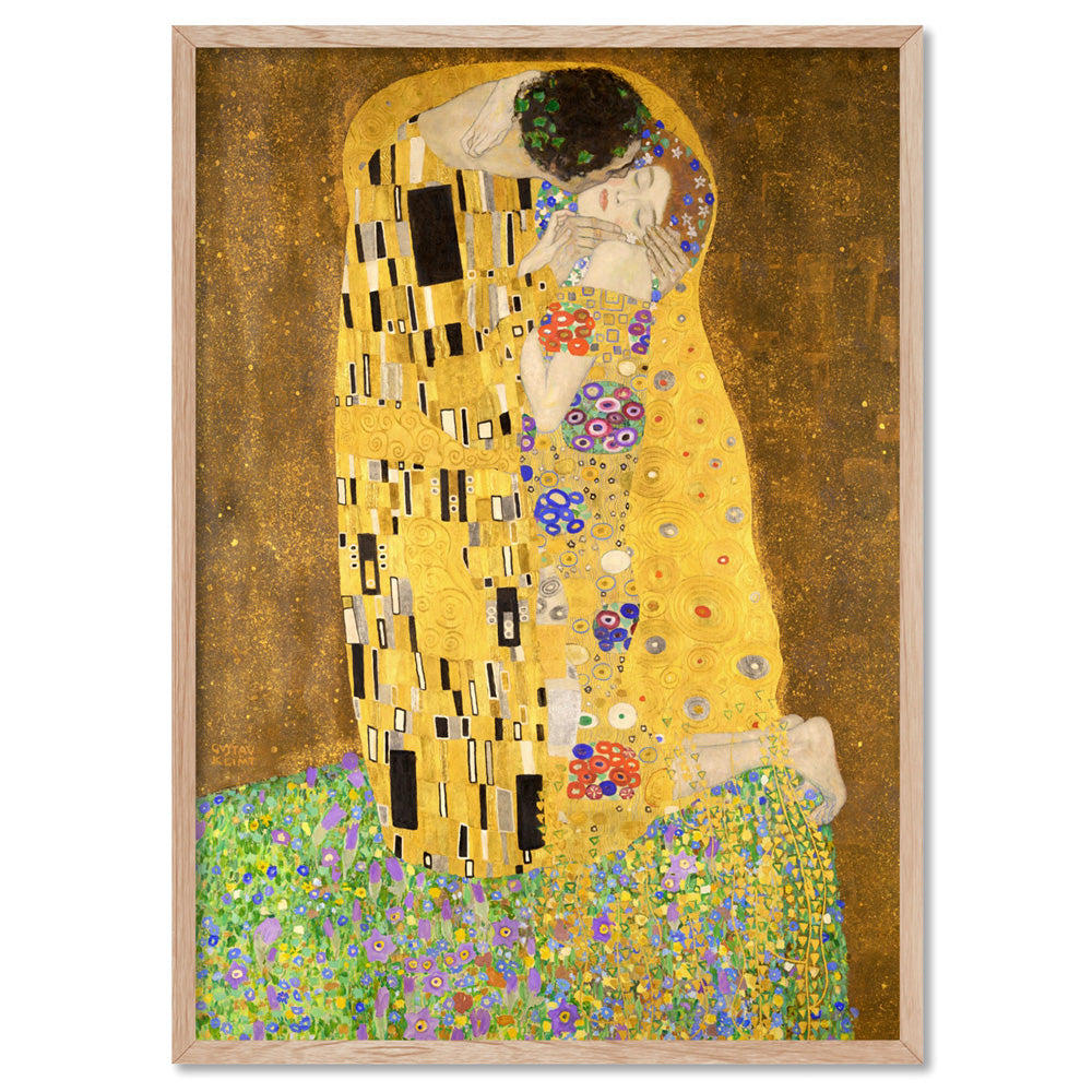 GUSTAV KLIMT | The Kiss - Art Print, Poster, Stretched Canvas, or Framed Wall Art Print, shown in a natural timber frame