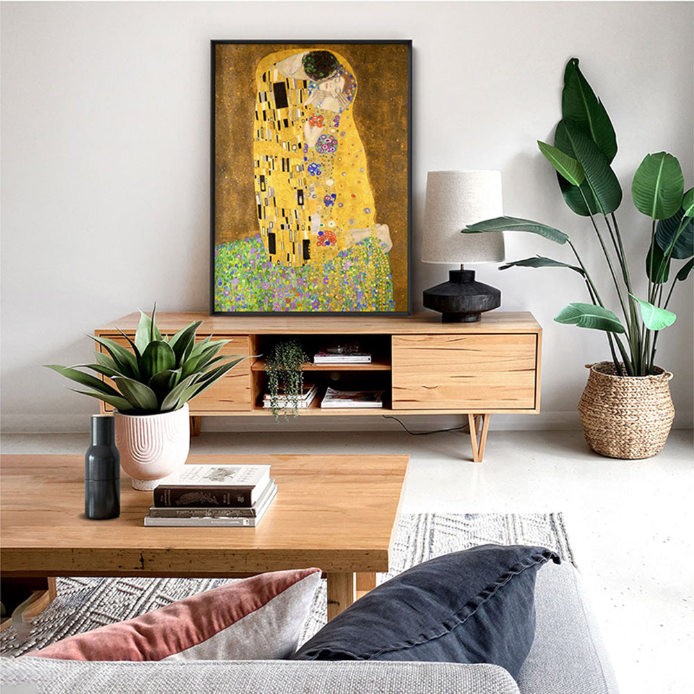 GUSTAV KLIMT | The Kiss - Art Print, Poster, Stretched Canvas or Framed Wall Art, shown framed in a room