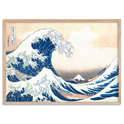 KATSUSHIKA HOKUSAI | The Great Wave off Kanagawa - Art Print, Poster, Stretched Canvas, or Framed Wall Art Print, shown in a natural timber frame