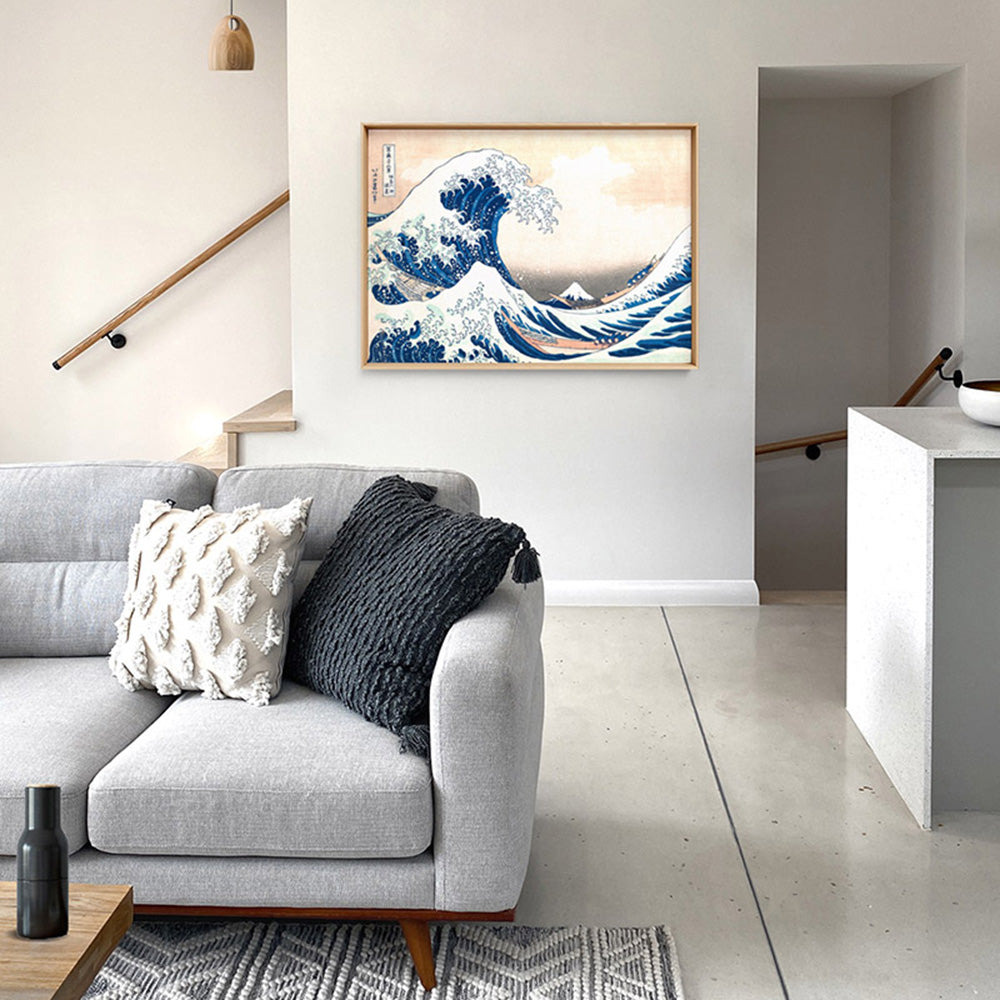 KATSUSHIKA HOKUSAI | The Great Wave off Kanagawa - Art Print, Poster, Stretched Canvas or Framed Wall Art, shown framed in a home interior space