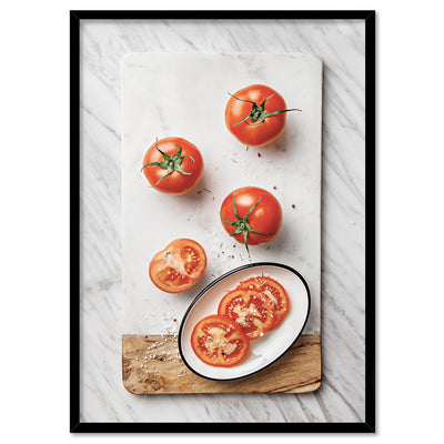 Tomatoes on Stone - Art Print, Poster, Stretched Canvas, or Framed Wall Art Print, shown in a black frame