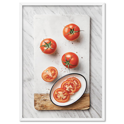 Tomatoes on Stone - Art Print, Poster, Stretched Canvas, or Framed Wall Art Print, shown in a white frame