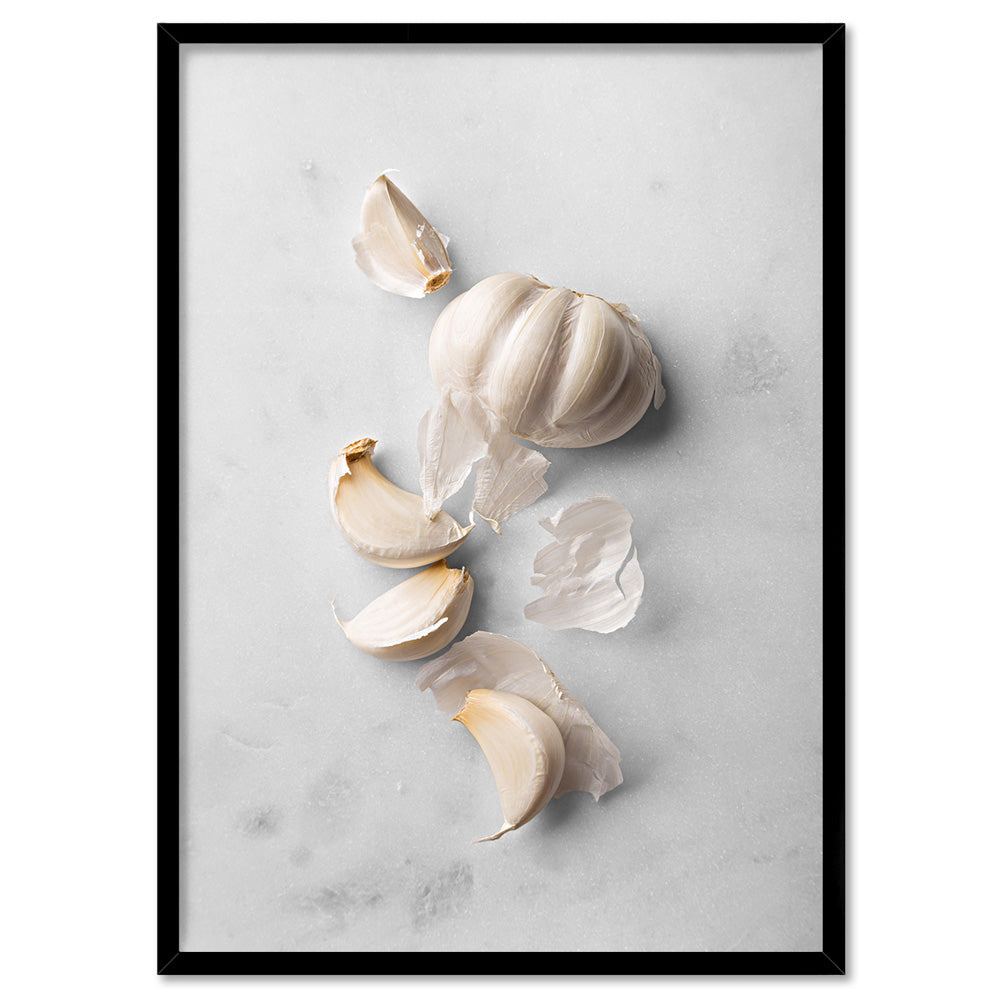 Garlic on Stone - Art Print, Poster, Stretched Canvas, or Framed Wall Art Print, shown in a black frame