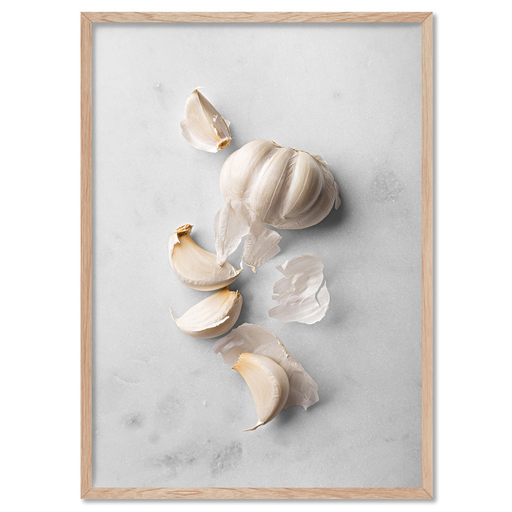 Garlic on Stone - Art Print, Poster, Stretched Canvas, or Framed Wall Art Print, shown in a natural timber frame
